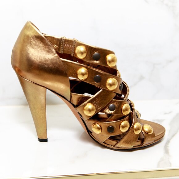Gucci Babouska Gold Bronze Studded Open Toe Strappy Heels 38.5 / 8.5 - Picture 13 of 17